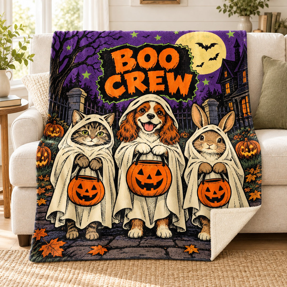 Boo Crew Buddies blanket, on a sofa