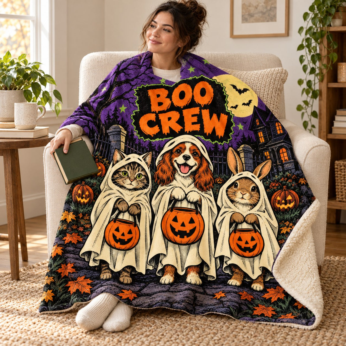 Boo Crew Buddies blanket, wrapped around a reader