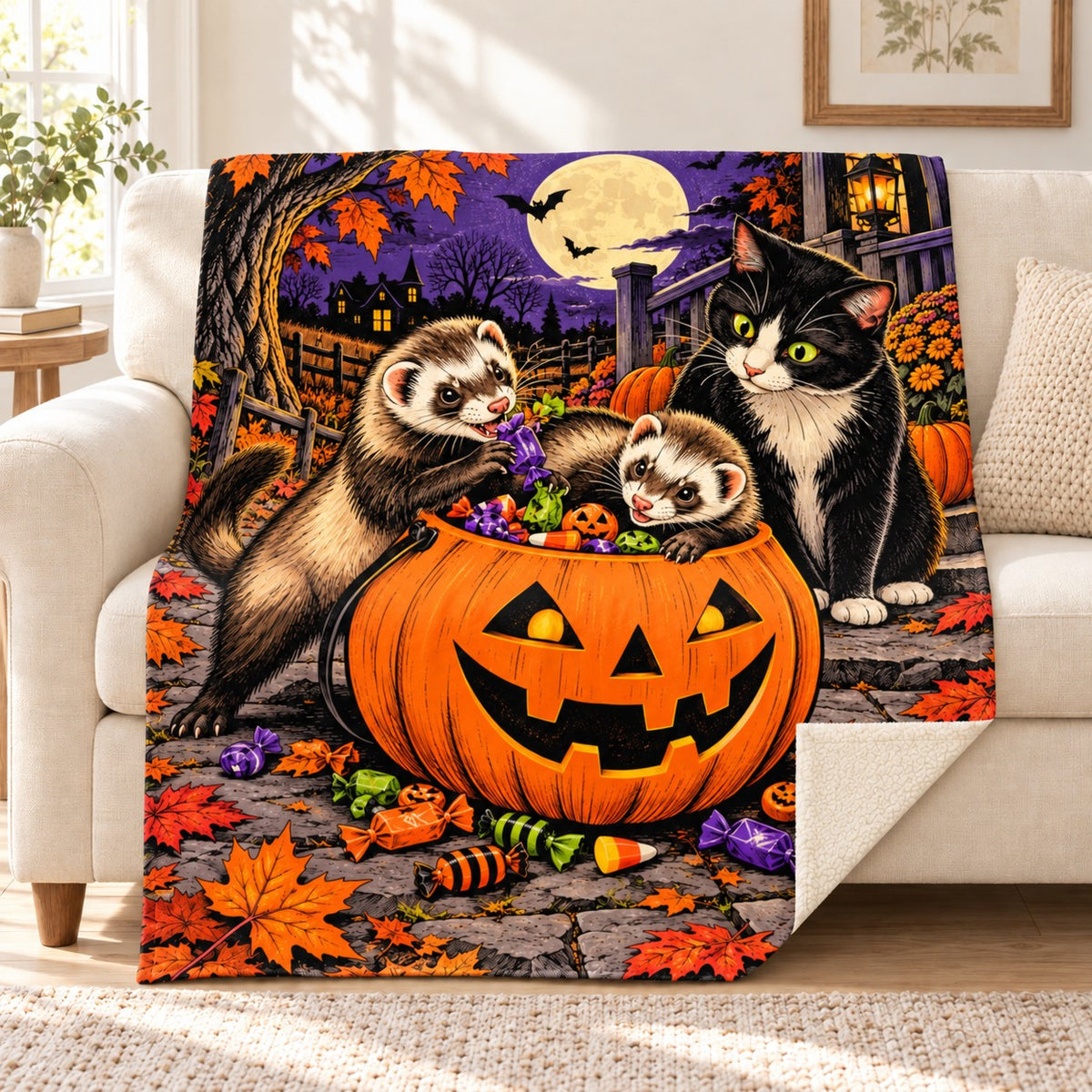 Ferret Pumpkin Caper blanket, on a sofa
