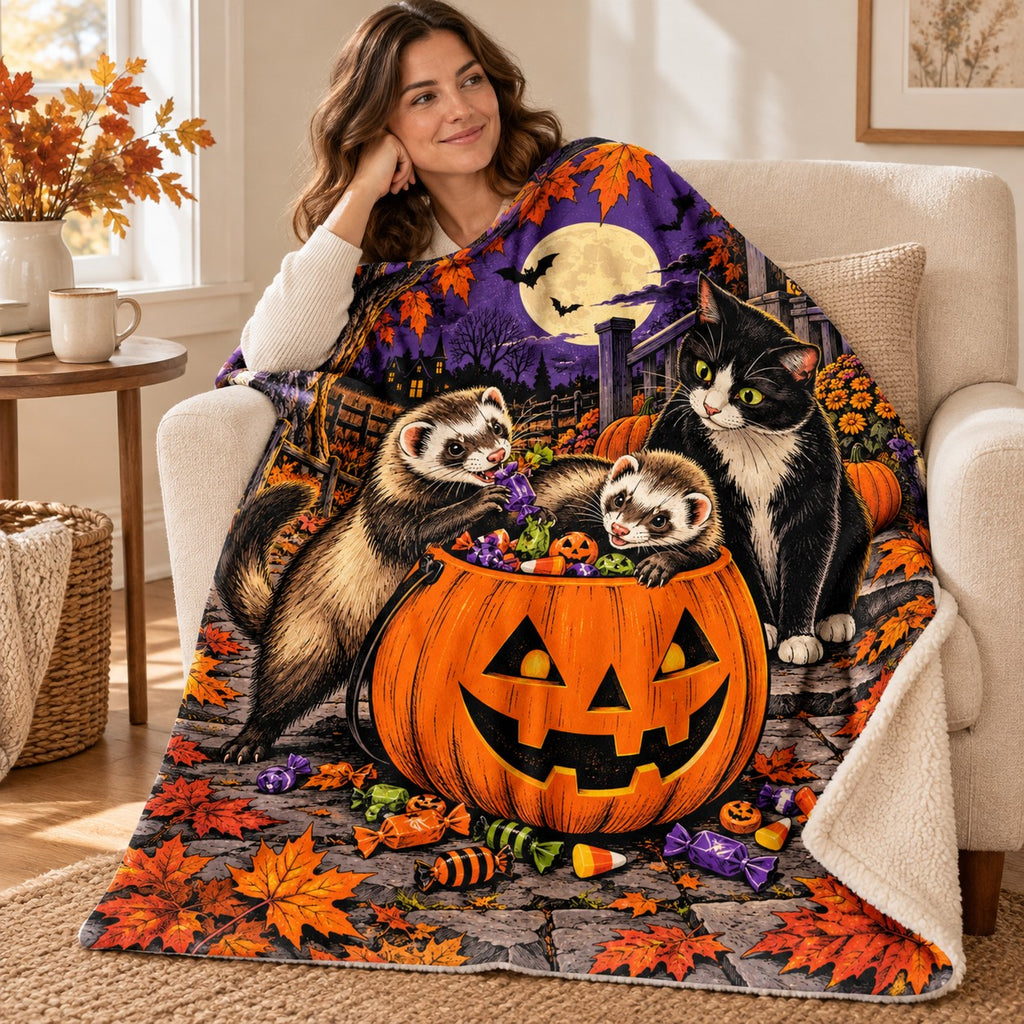 Ferret Pumpkin Caper blanket, wrapped around a reader
