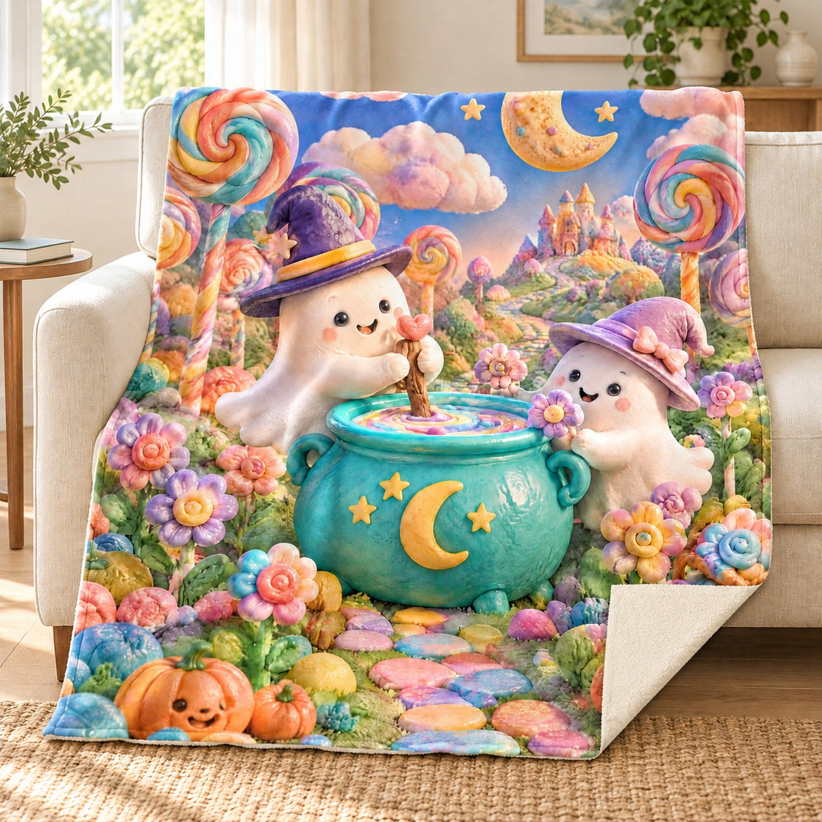 Lollipop Moon Garden blanket, on a sofa