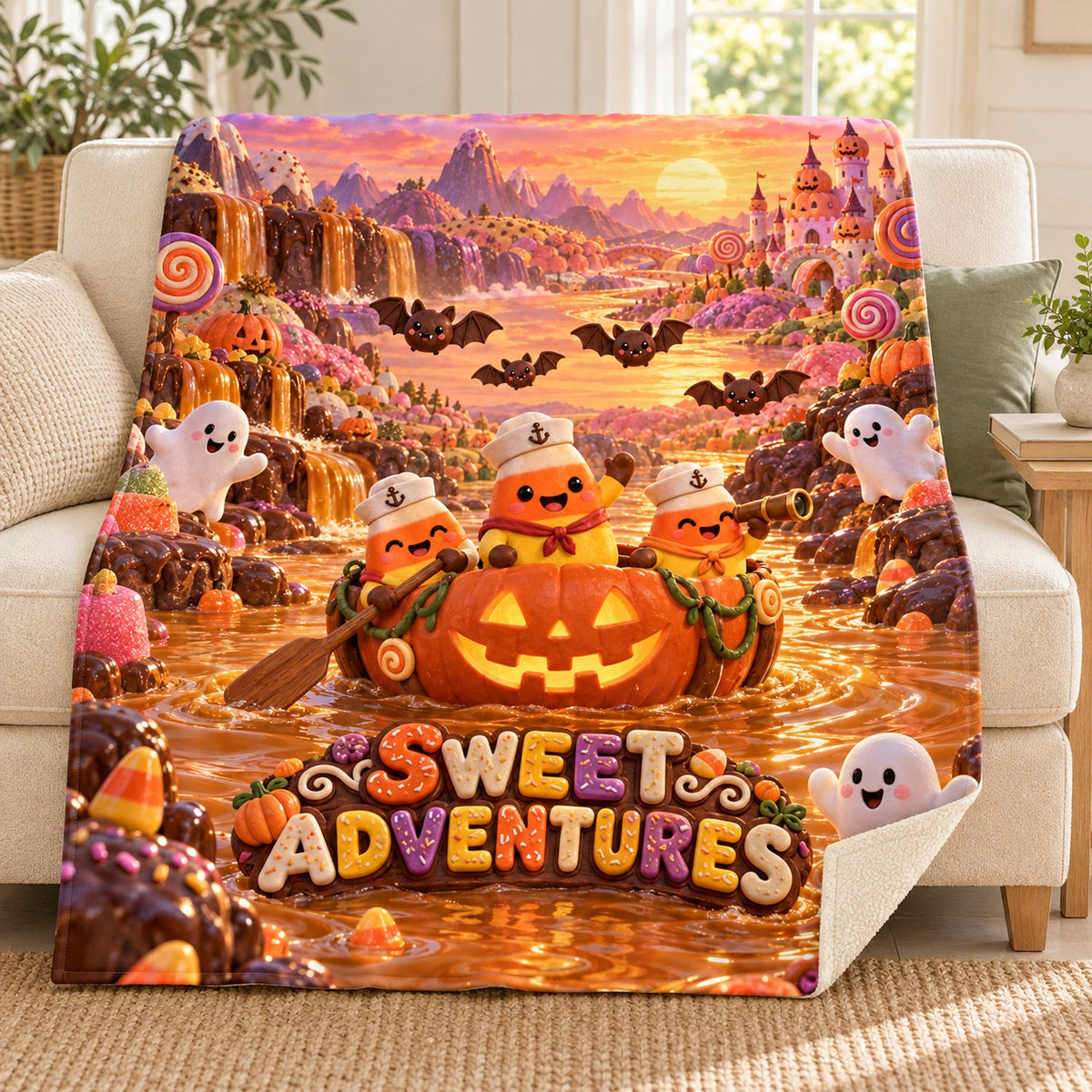 Caramel River Voyage blanket, on a sofa