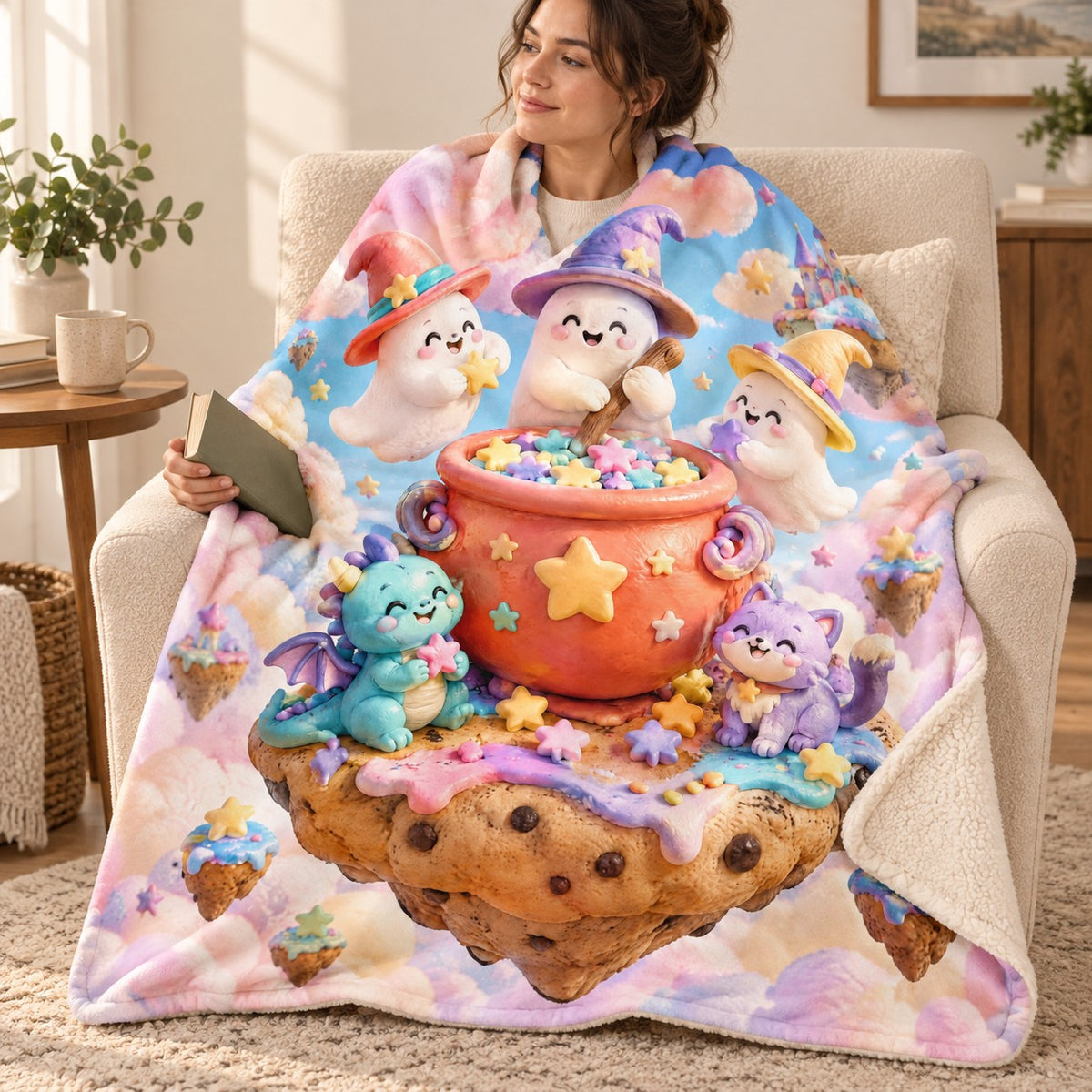 Marshmallow Cloud Kitchen blanket, wrapped around a reader