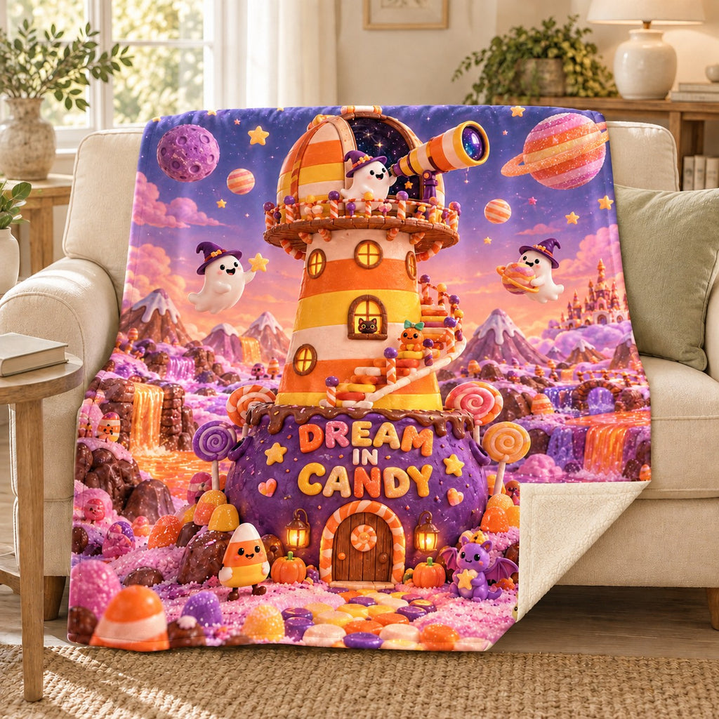 Candy Corn Observatory blanket, on a sofa