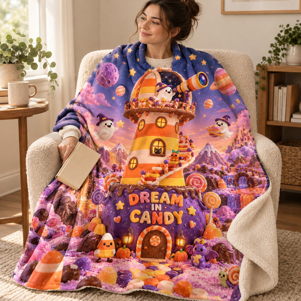 Candy Corn Observatory blanket, wrapped around a reader