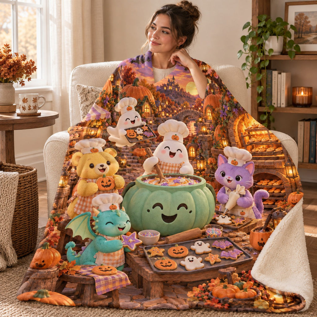 Pumpkin Sugar Bakery blanket, wrapped around a reader
