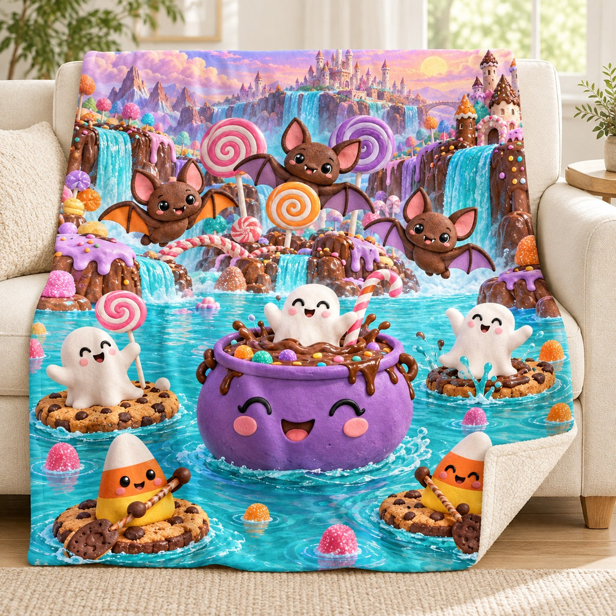 Chocolate Bat Lagoon blanket, on a sofa