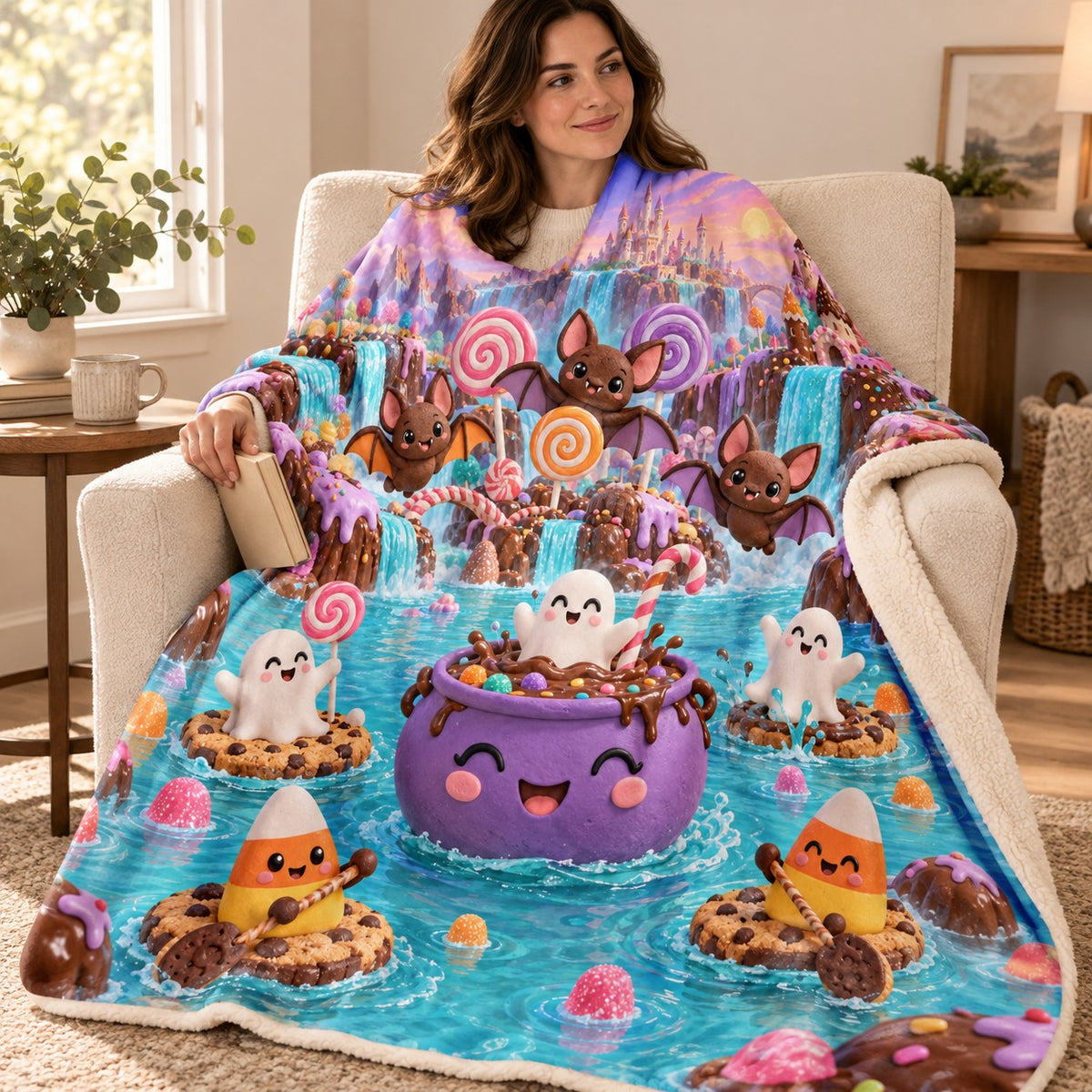 Chocolate Bat Lagoon blanket, wrapped around a reader