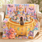 Candy Castle Cauldron blanket, on a sofa