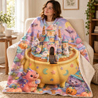 Candy Castle Cauldron blanket, wrapped around a reader