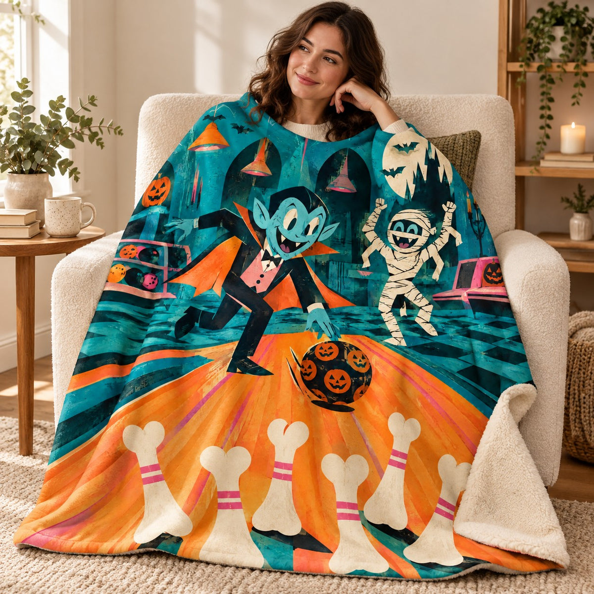 Midnight Monster Bowling blanket, wrapped around a reader