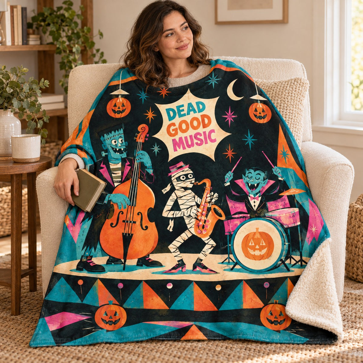 The Graveyard Combo blanket, wrapped around a reader