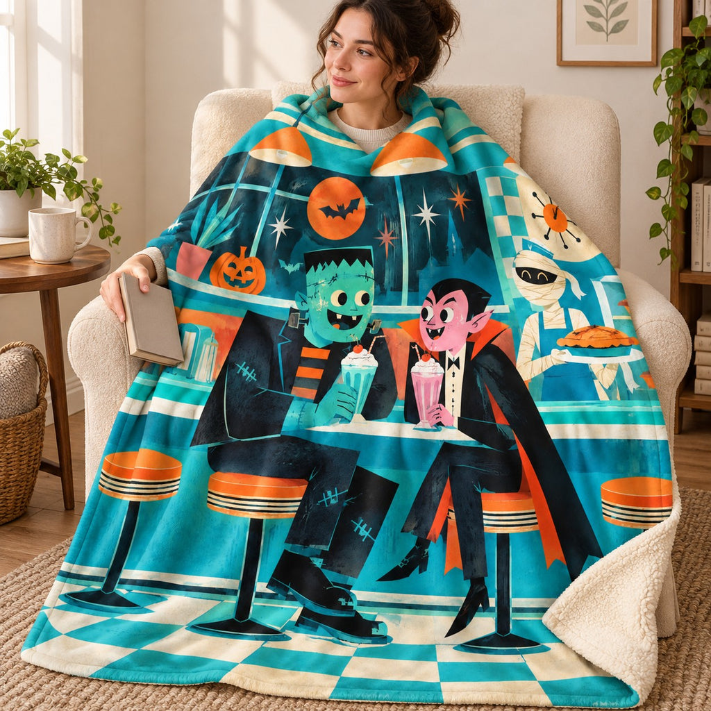 Diner After Dark blanket, wrapped around a reader