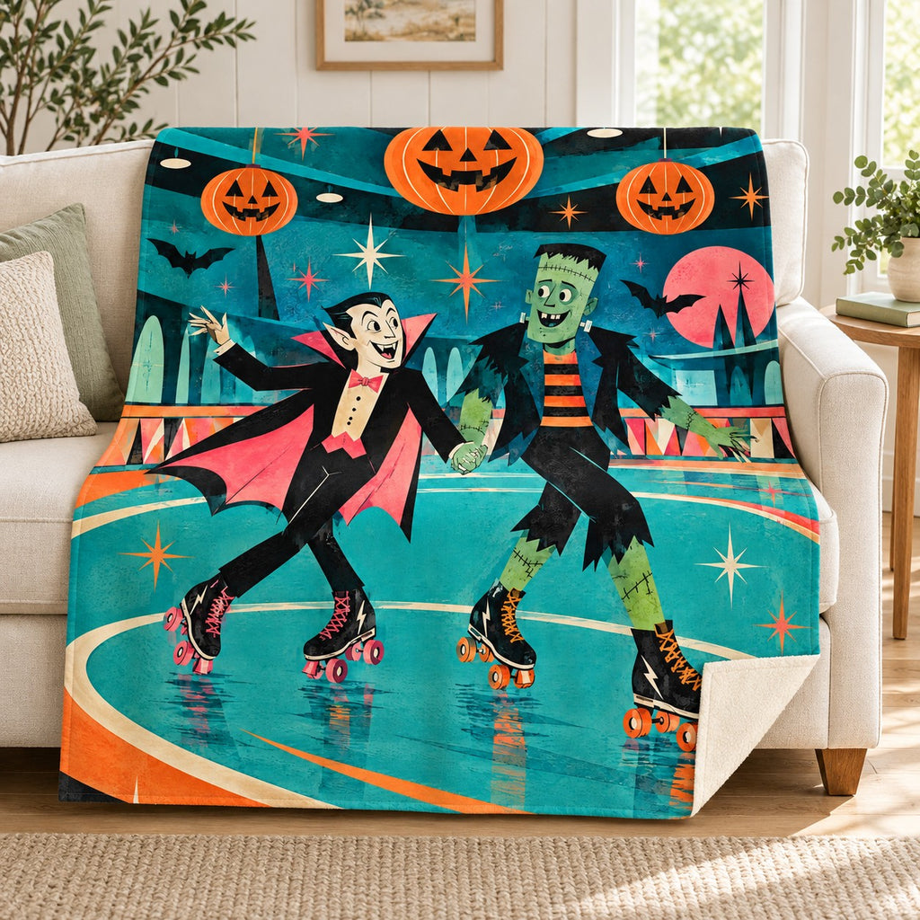 Monster Roller Rink blanket, on a sofa