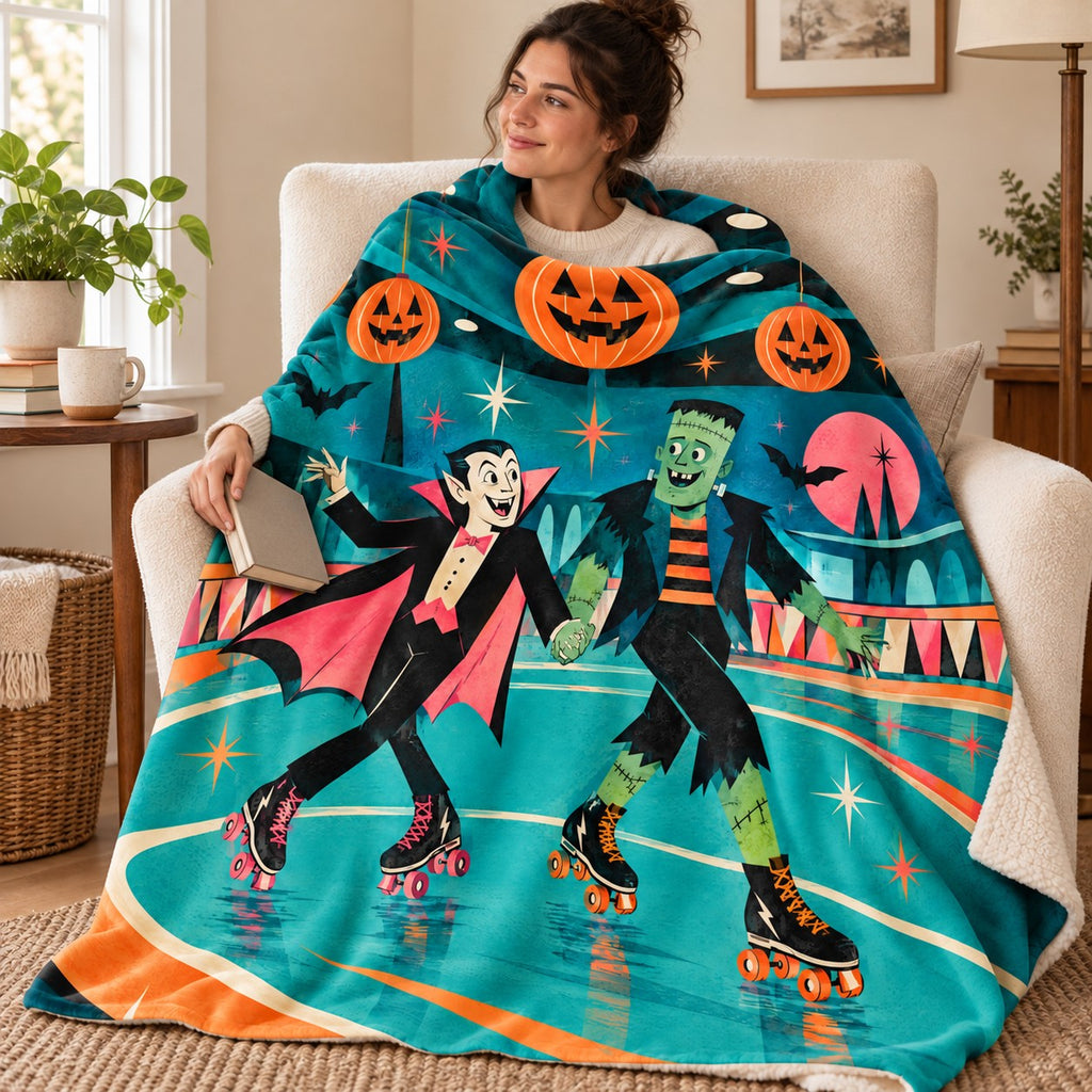 Monster Roller Rink blanket, wrapped around a reader