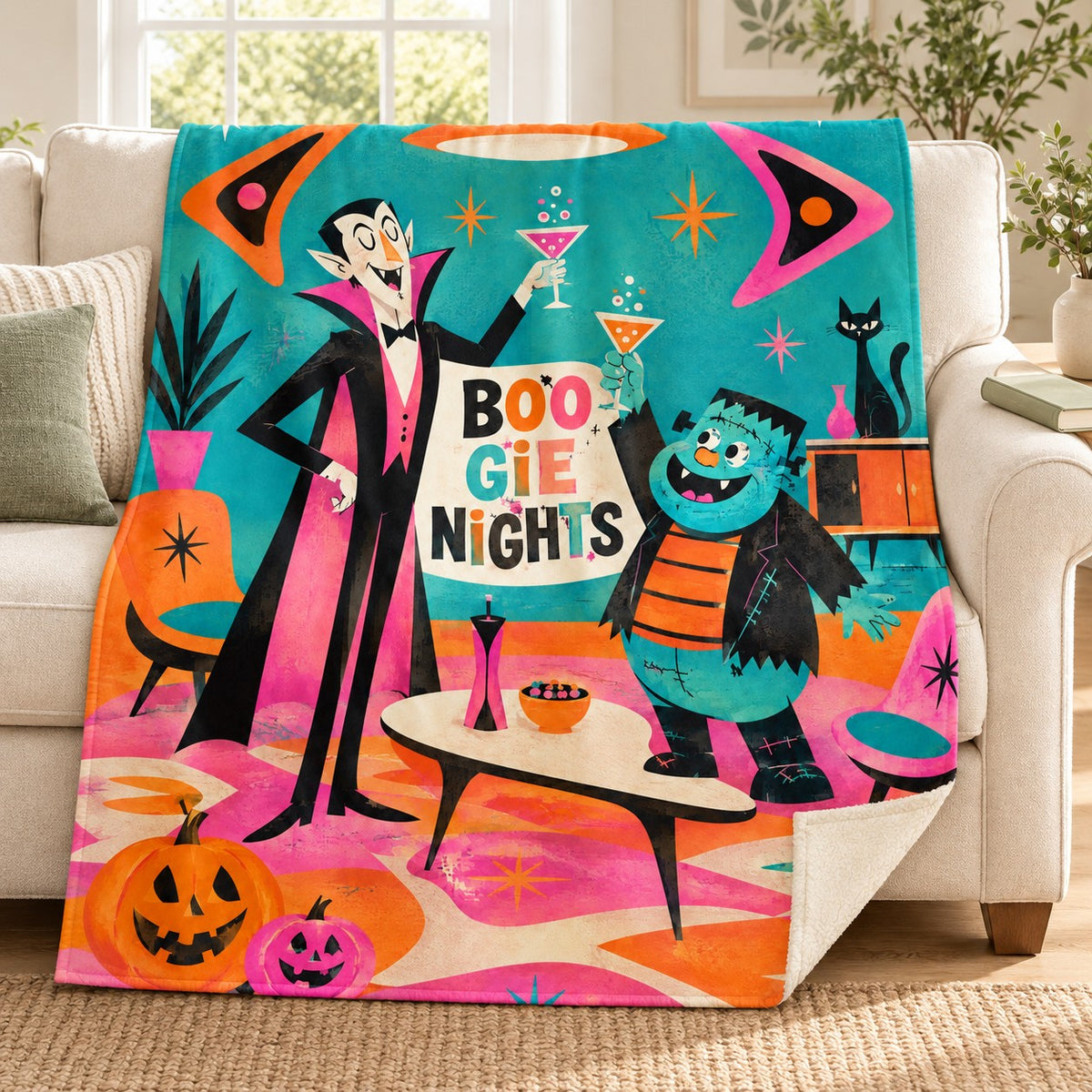 Creepy Cocktail Hour blanket, on a sofa