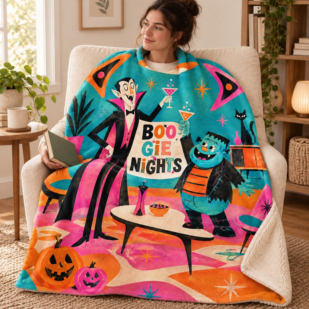 Creepy Cocktail Hour blanket, wrapped around a reader
