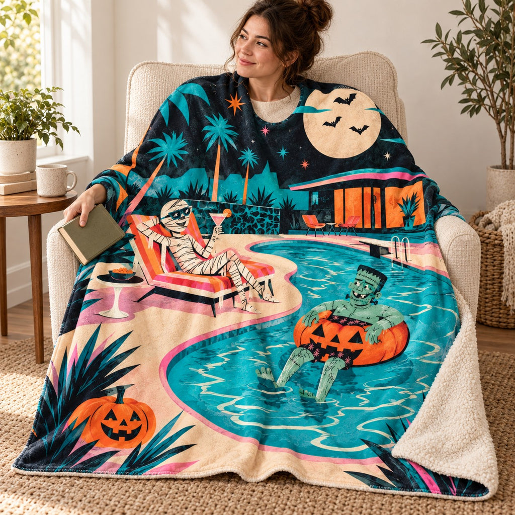 Monsters Pool Party blanket, wrapped around a reader