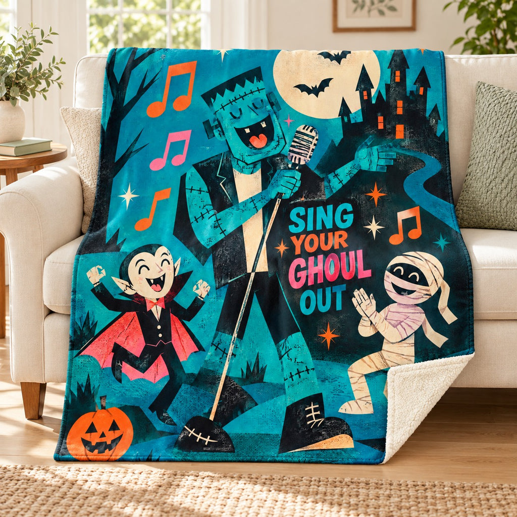 Creature Karaoke blanket, on a sofa