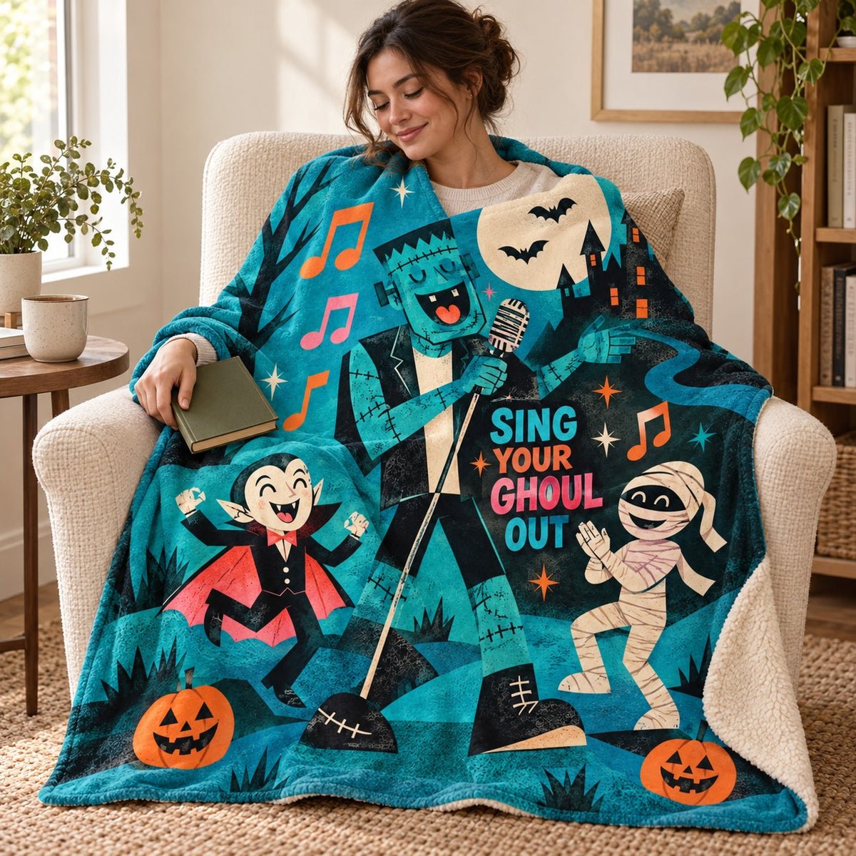 Creature Karaoke blanket, wrapped around a reader