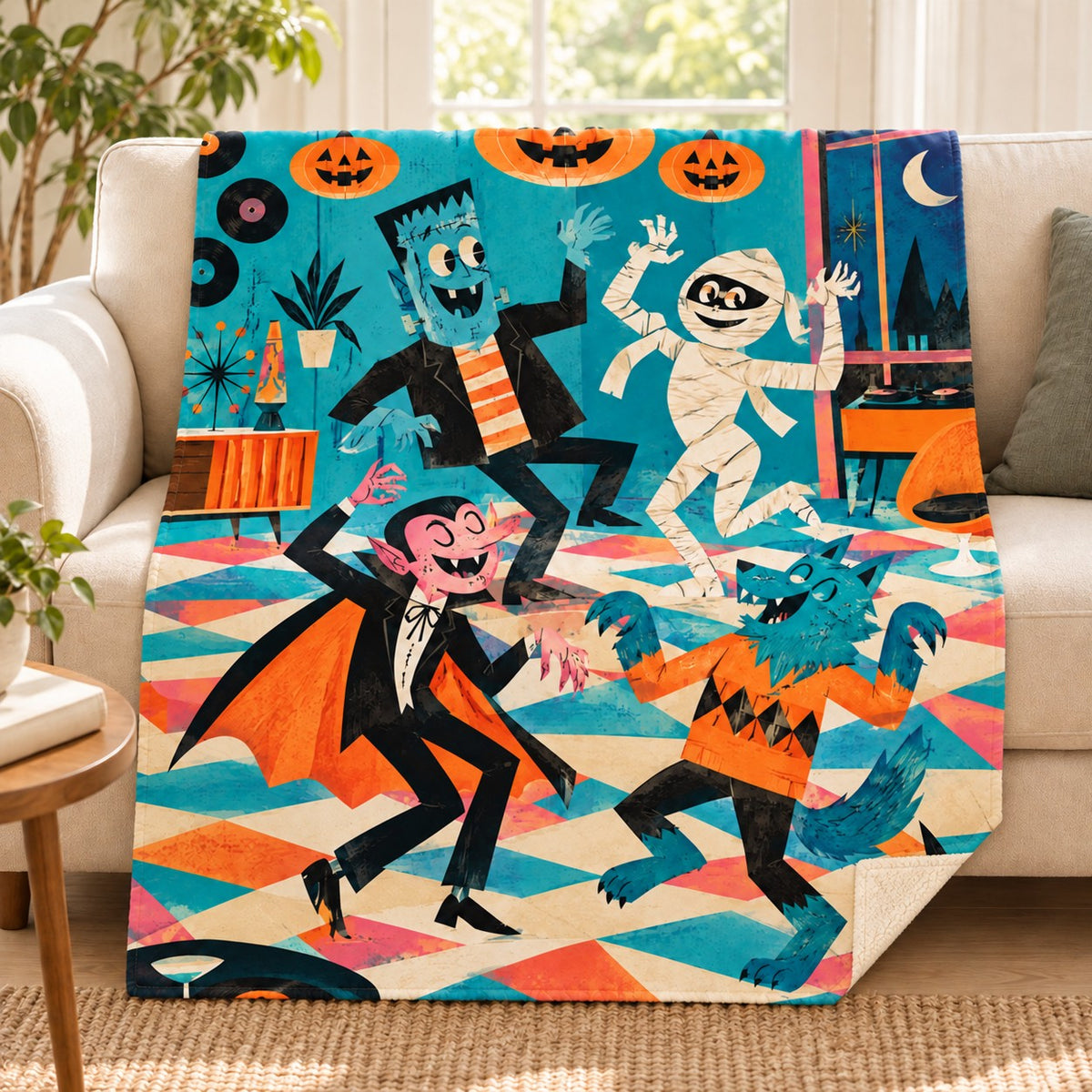 Monster Dance Finale blanket, on a sofa