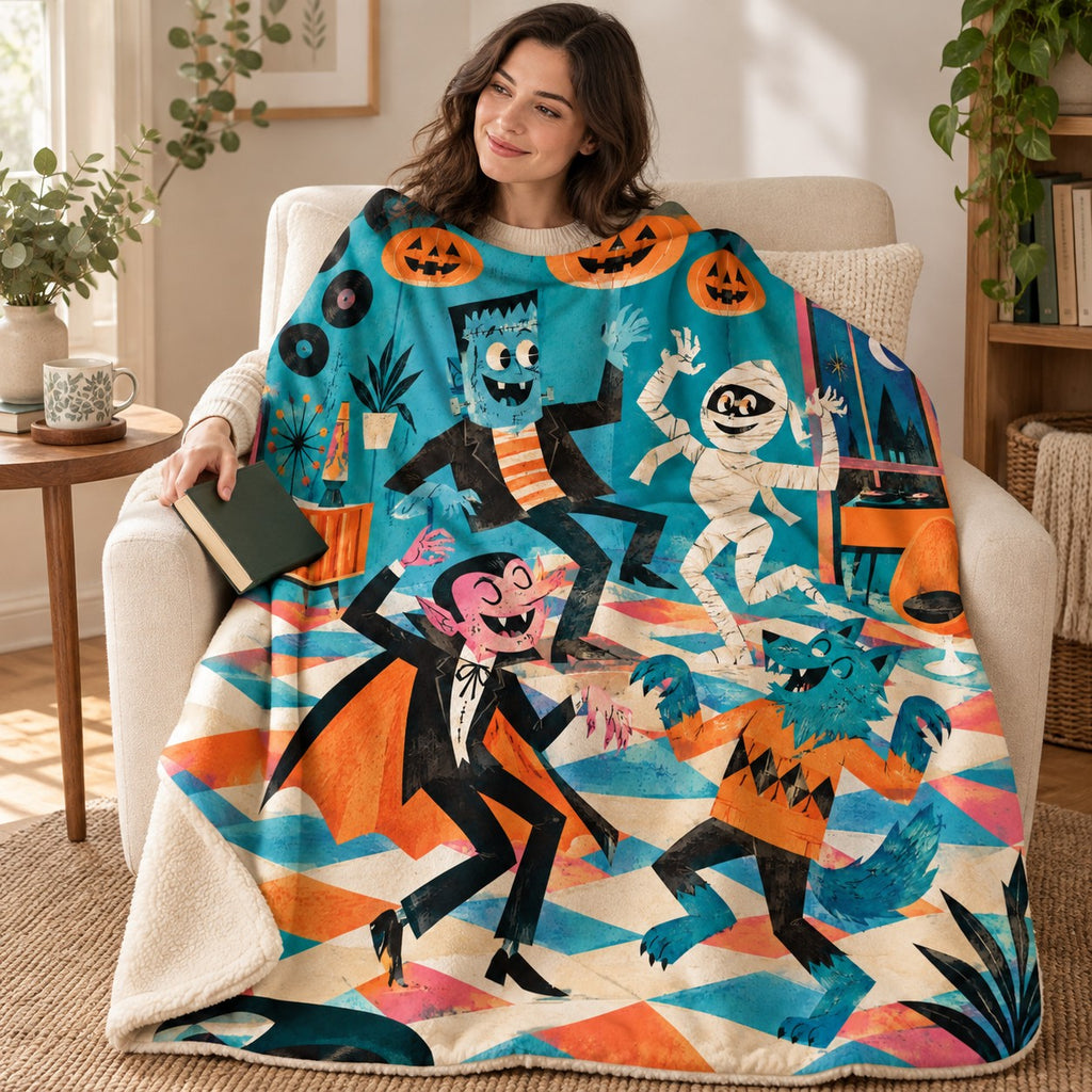 Monster Dance Finale blanket, wrapped around a reader