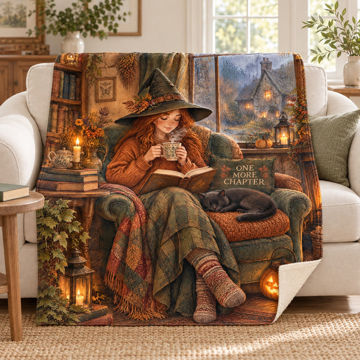 Rainy Window Reading blanket, on a sofa