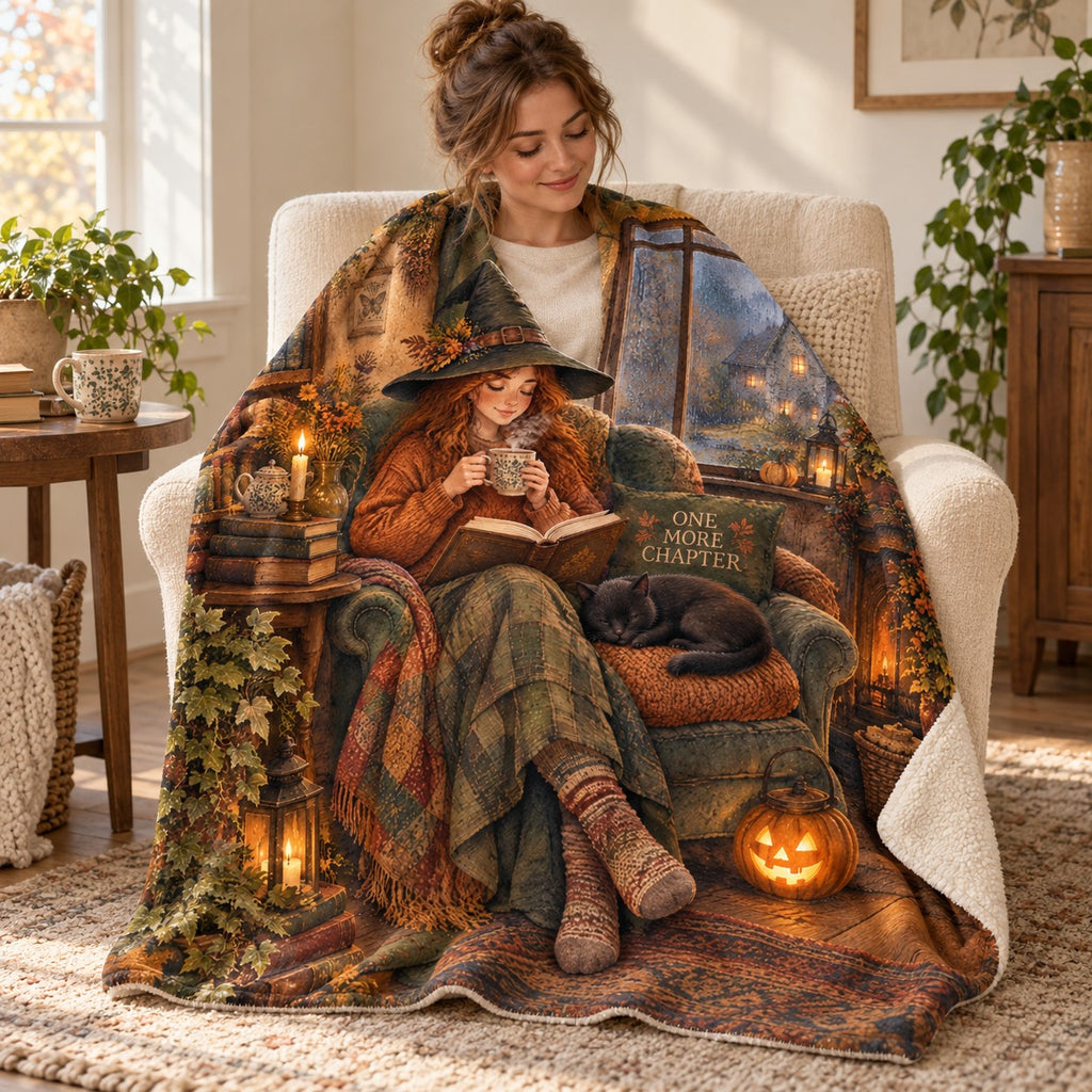 Rainy Window Reading blanket, wrapped around a reader