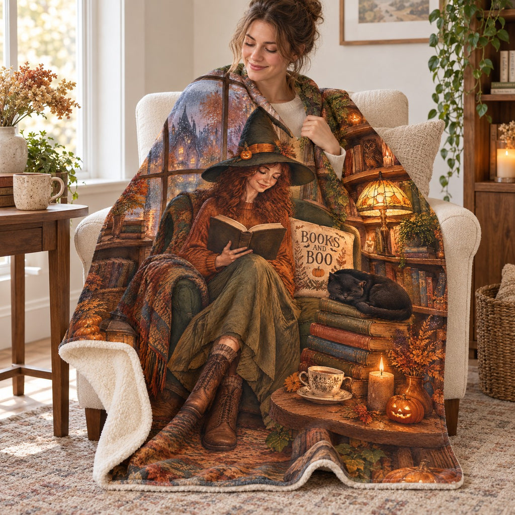 Cottage Bookshop Evening blanket, wrapped around a reader