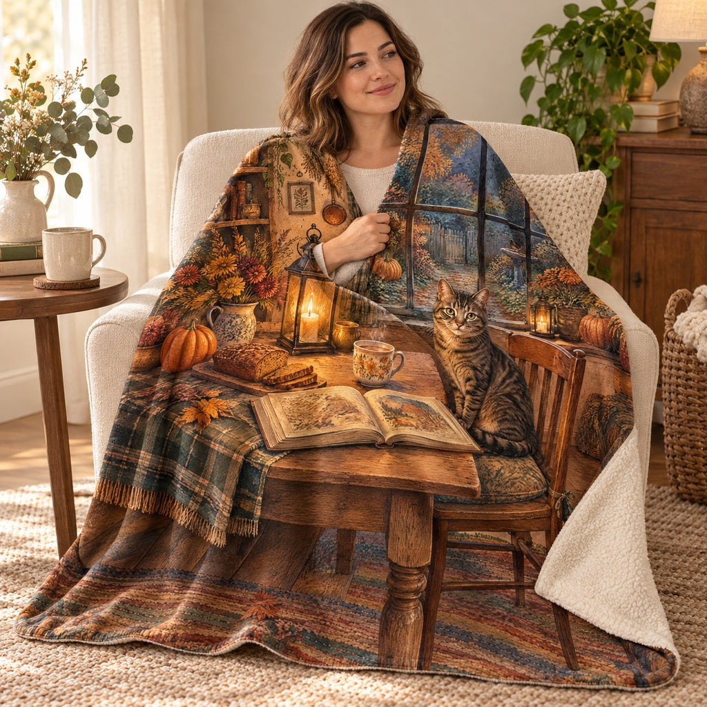 Kitchen Window Stories blanket, wrapped around a reader