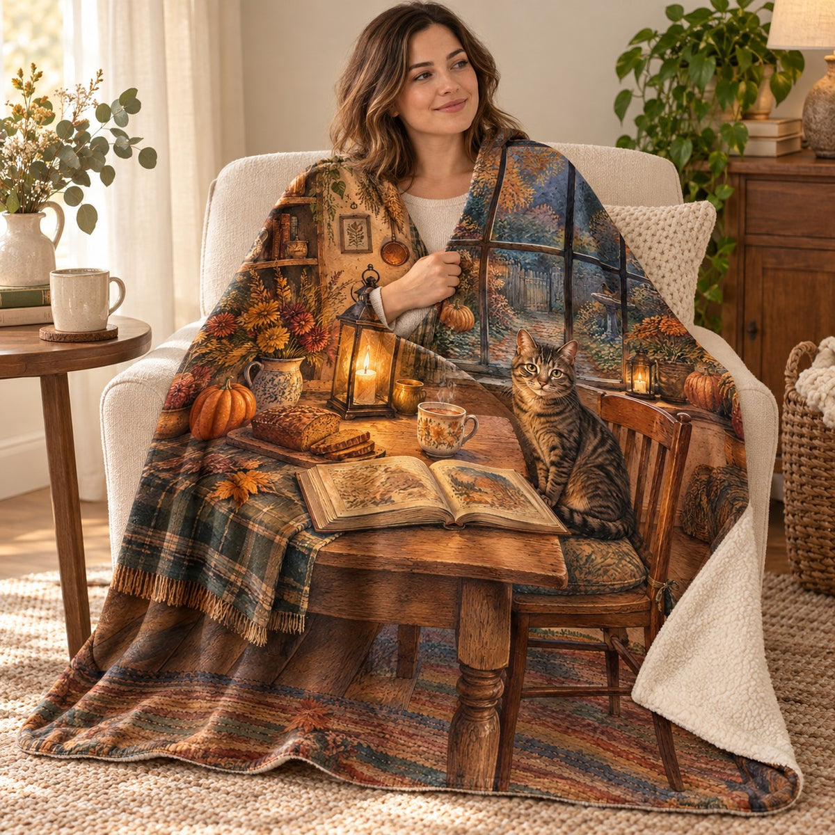 Kitchen Window Stories blanket, wrapped around a reader