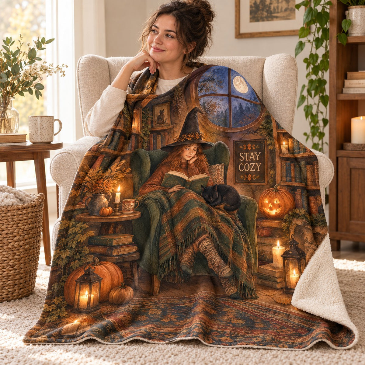 Attic Library Moonlight blanket, wrapped around a reader
