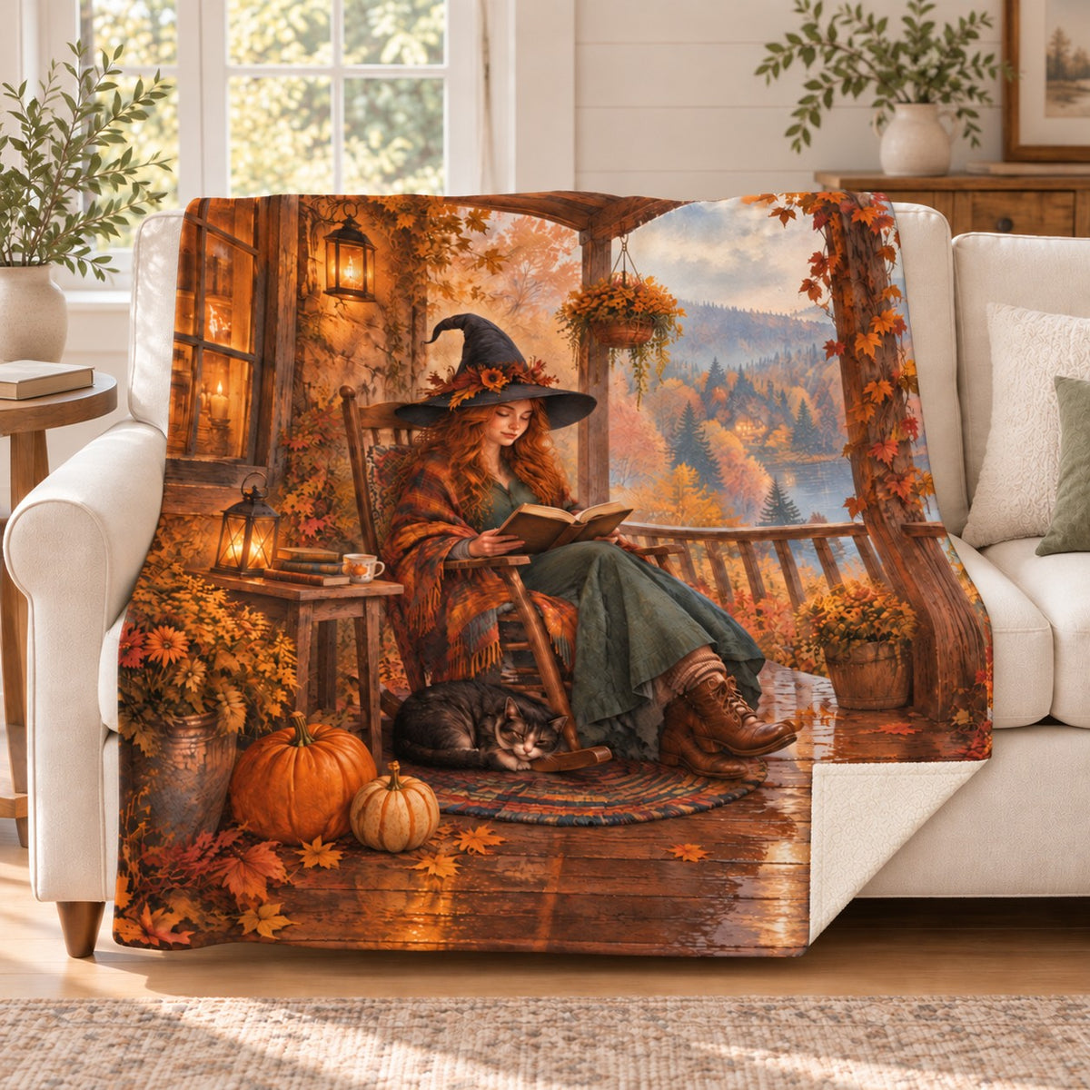 Autumn Porch Pages blanket, on a sofa