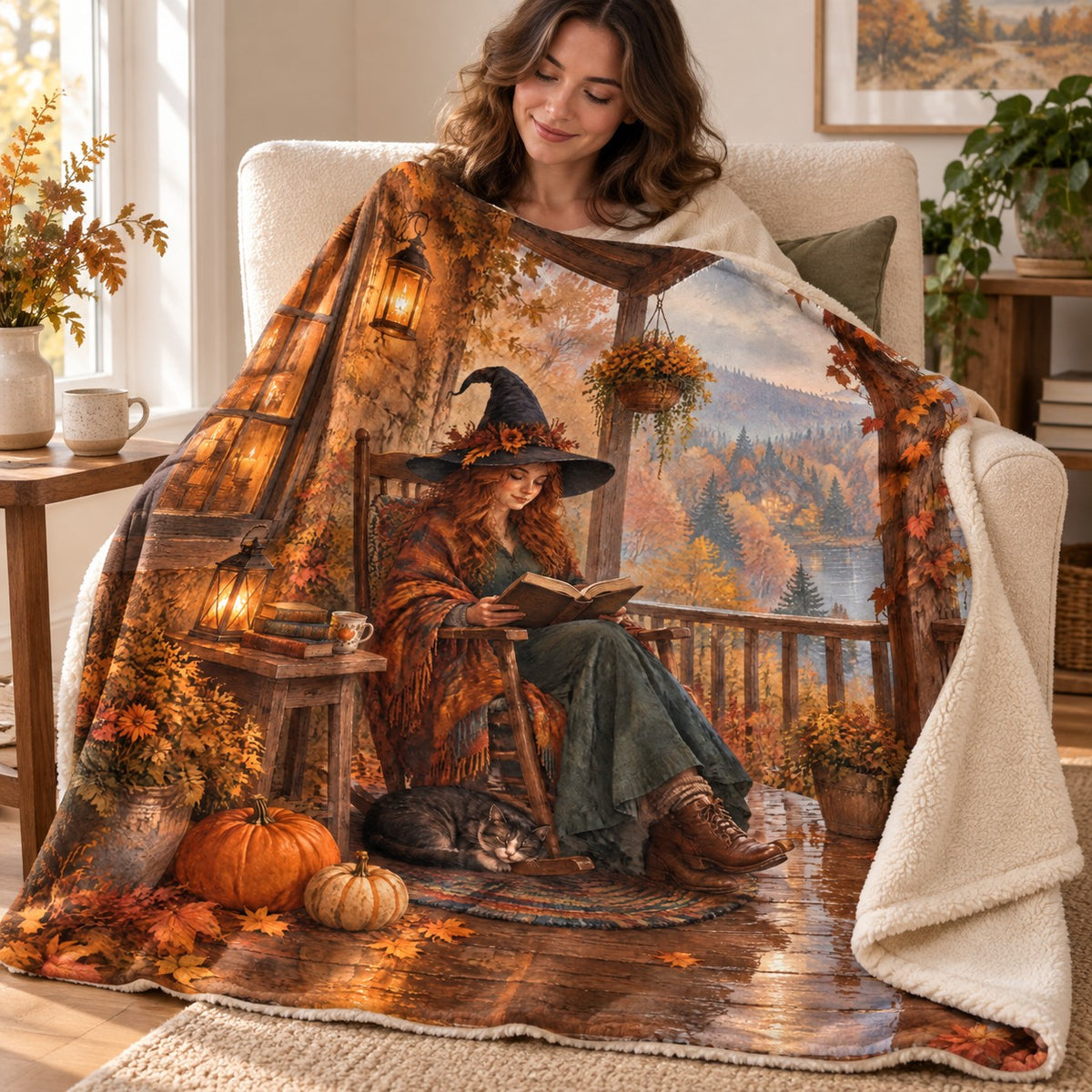 Autumn Porch Pages blanket, wrapped around a reader