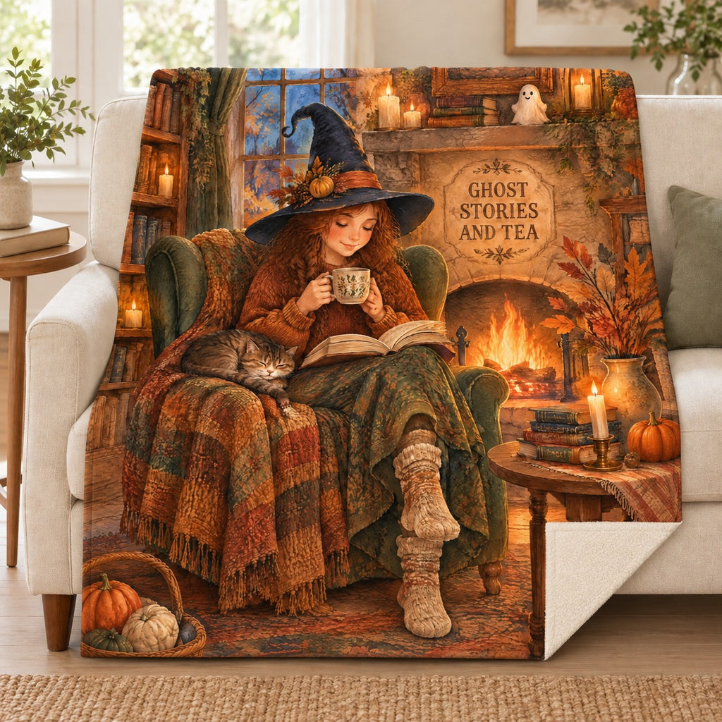 Fireside Ghost Stories blanket, on a sofa