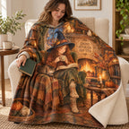 Fireside Ghost Stories blanket, wrapped around a reader