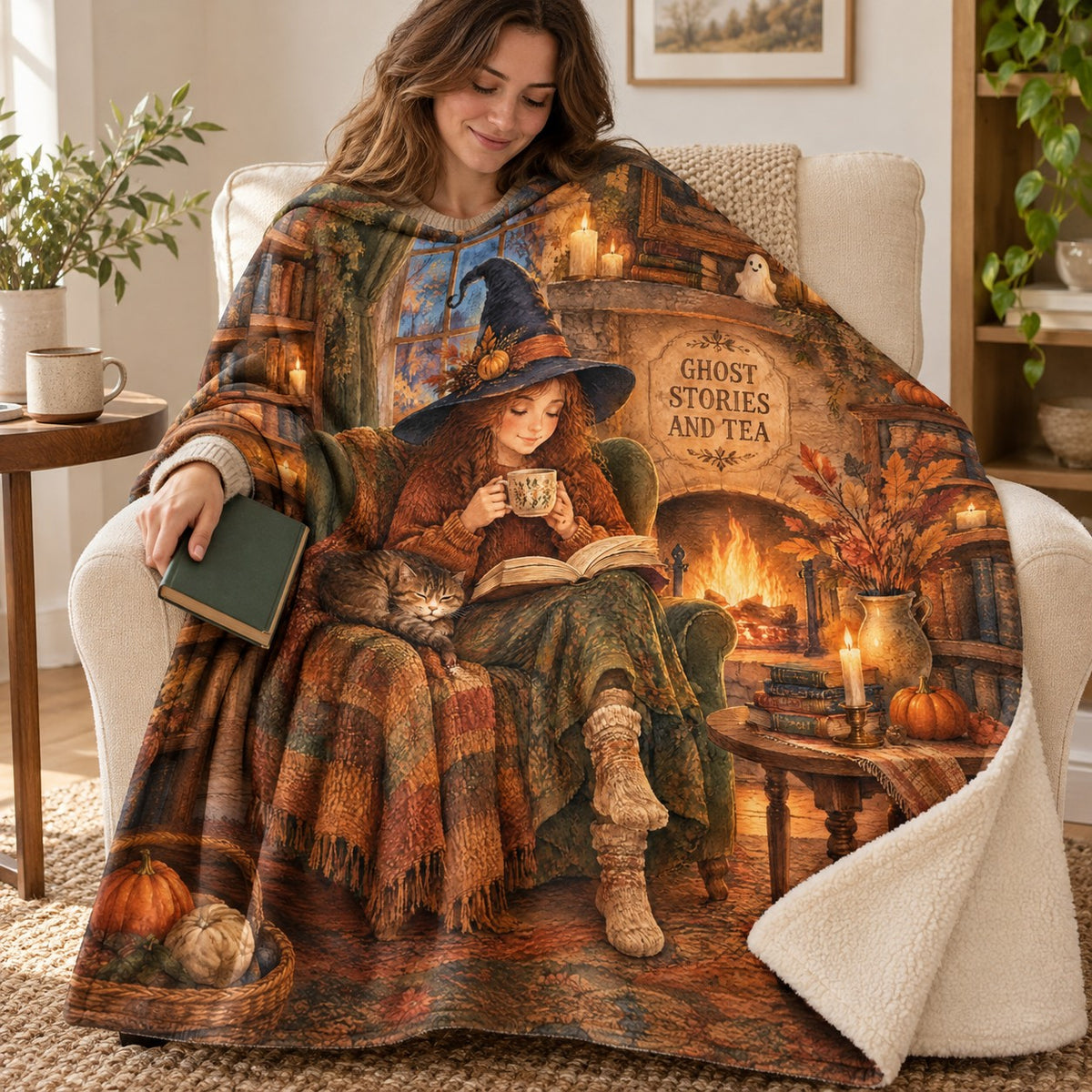 Fireside Ghost Stories blanket, wrapped around a reader