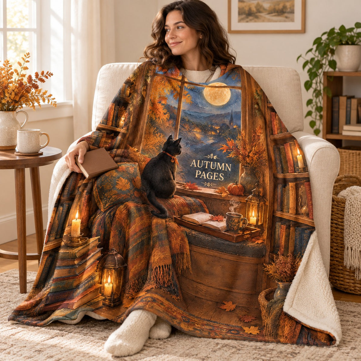 Twilight Reading Hour blanket, wrapped around a reader