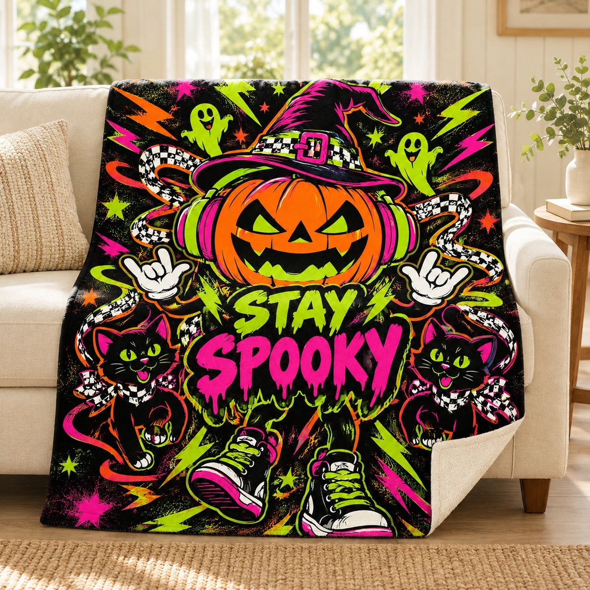 Pumpkin Bass Drop blanket, on a sofa