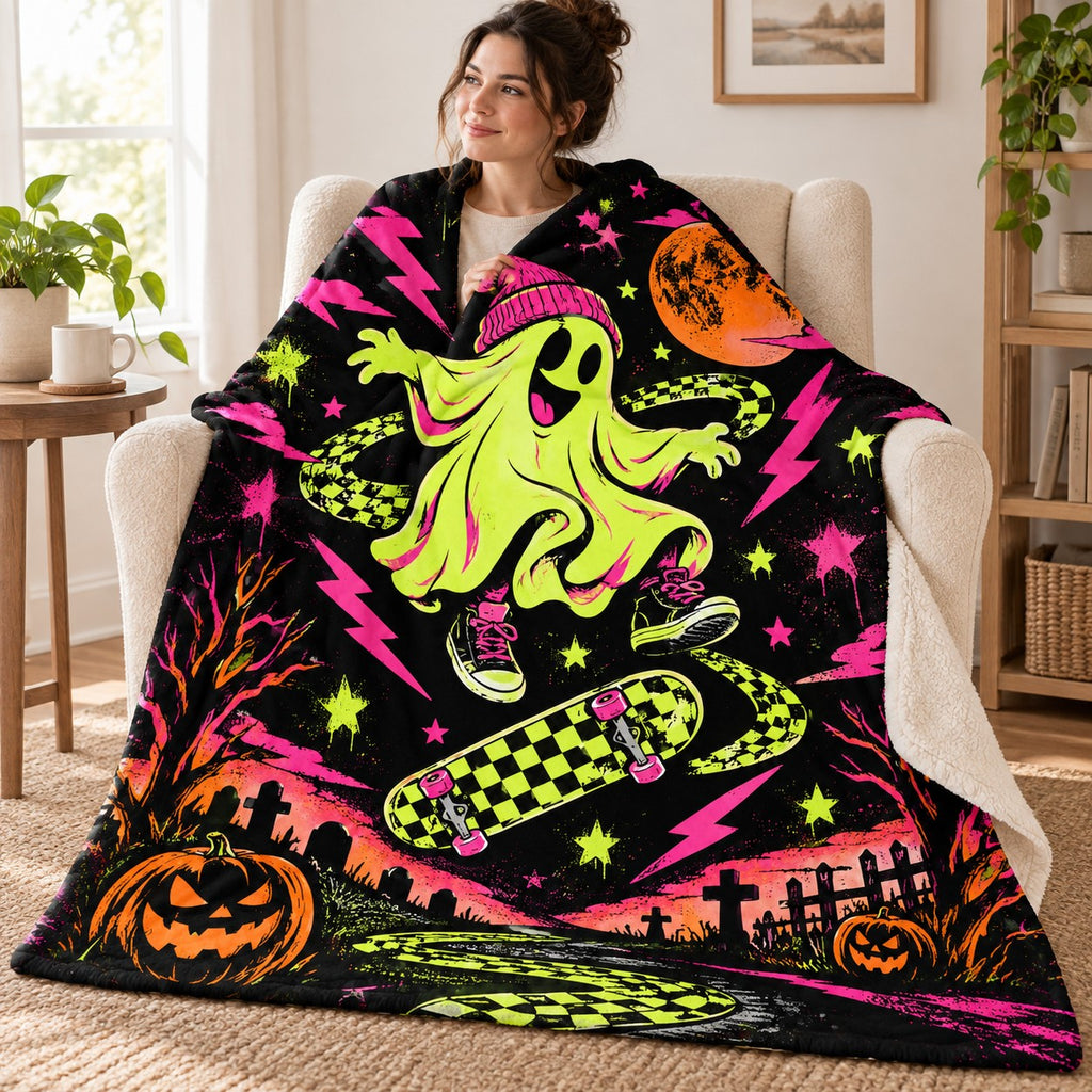 Ghost Skate Session blanket, wrapped around a reader