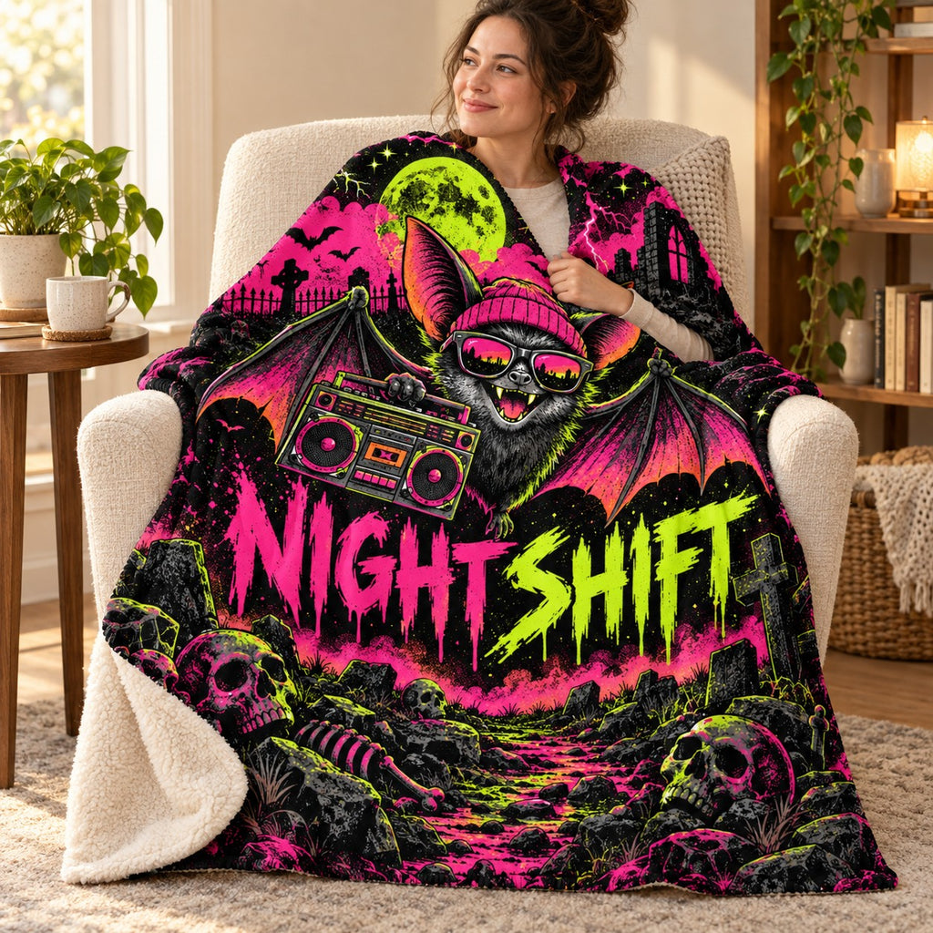 Bat Boombox Beat blanket, wrapped around a reader