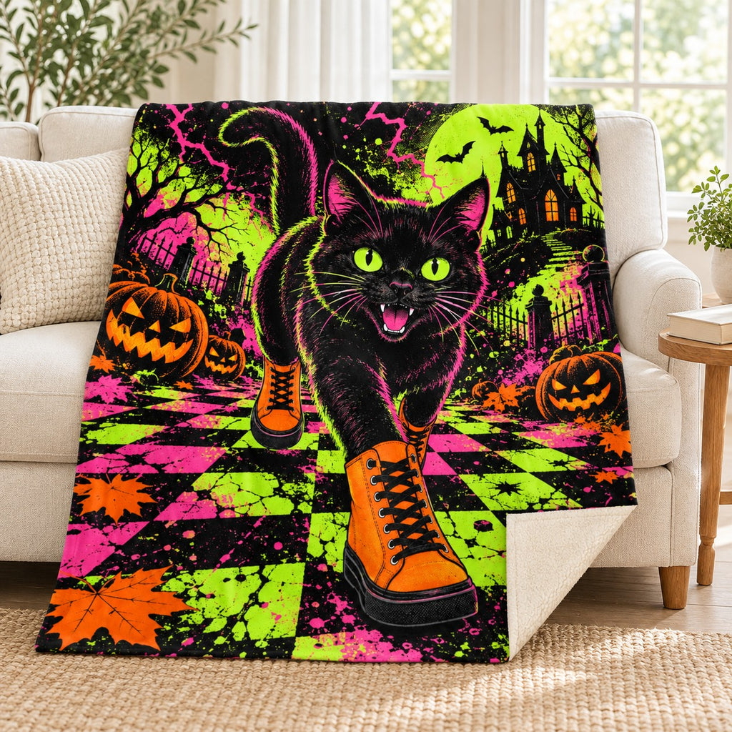 Black Cat Sneaker Club blanket, on a sofa