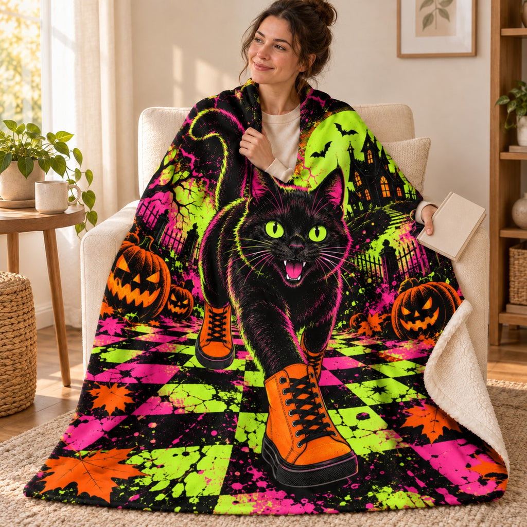 Black Cat Sneaker Club blanket, wrapped around a reader