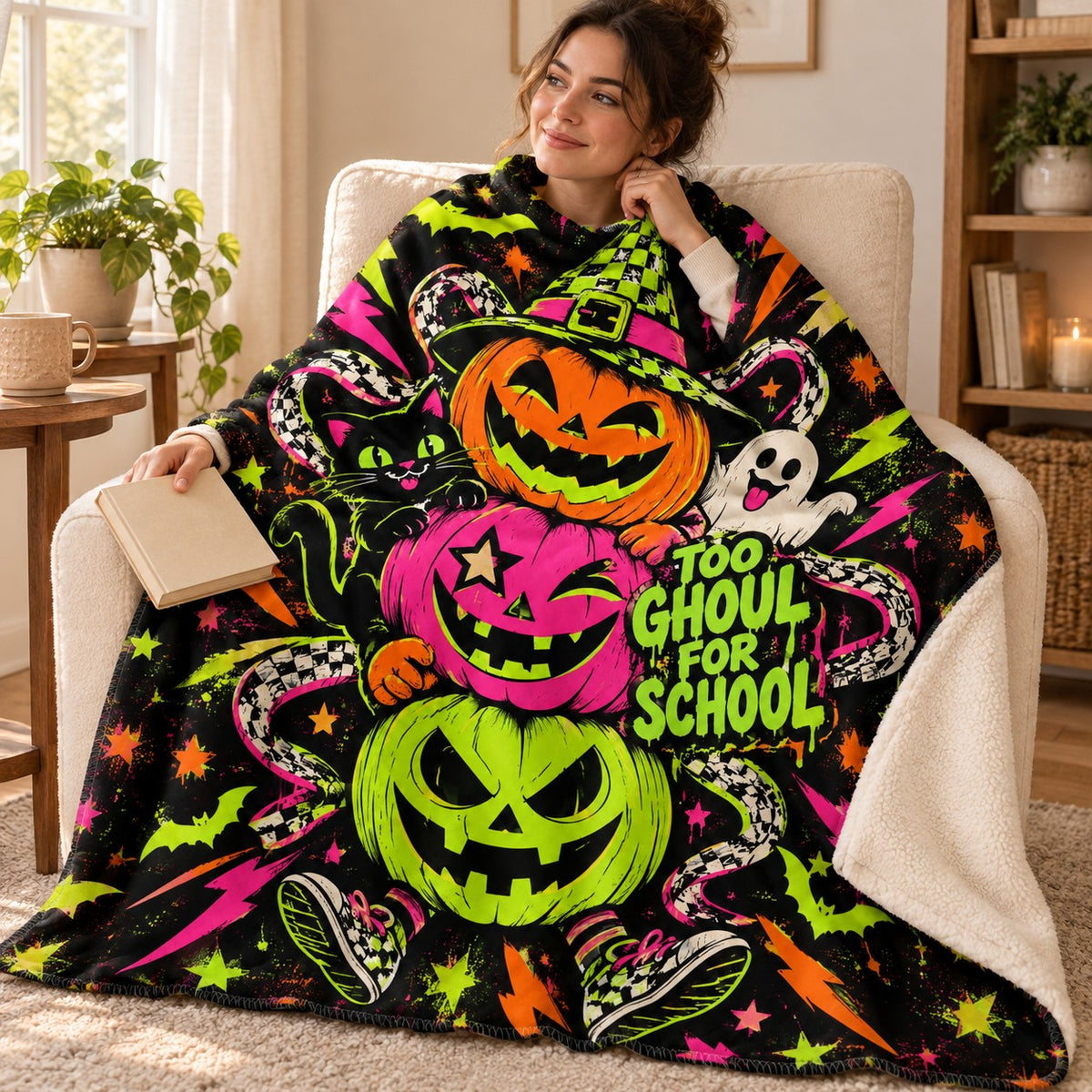 Pumpkin Lightning Riot blanket, wrapped around a reader