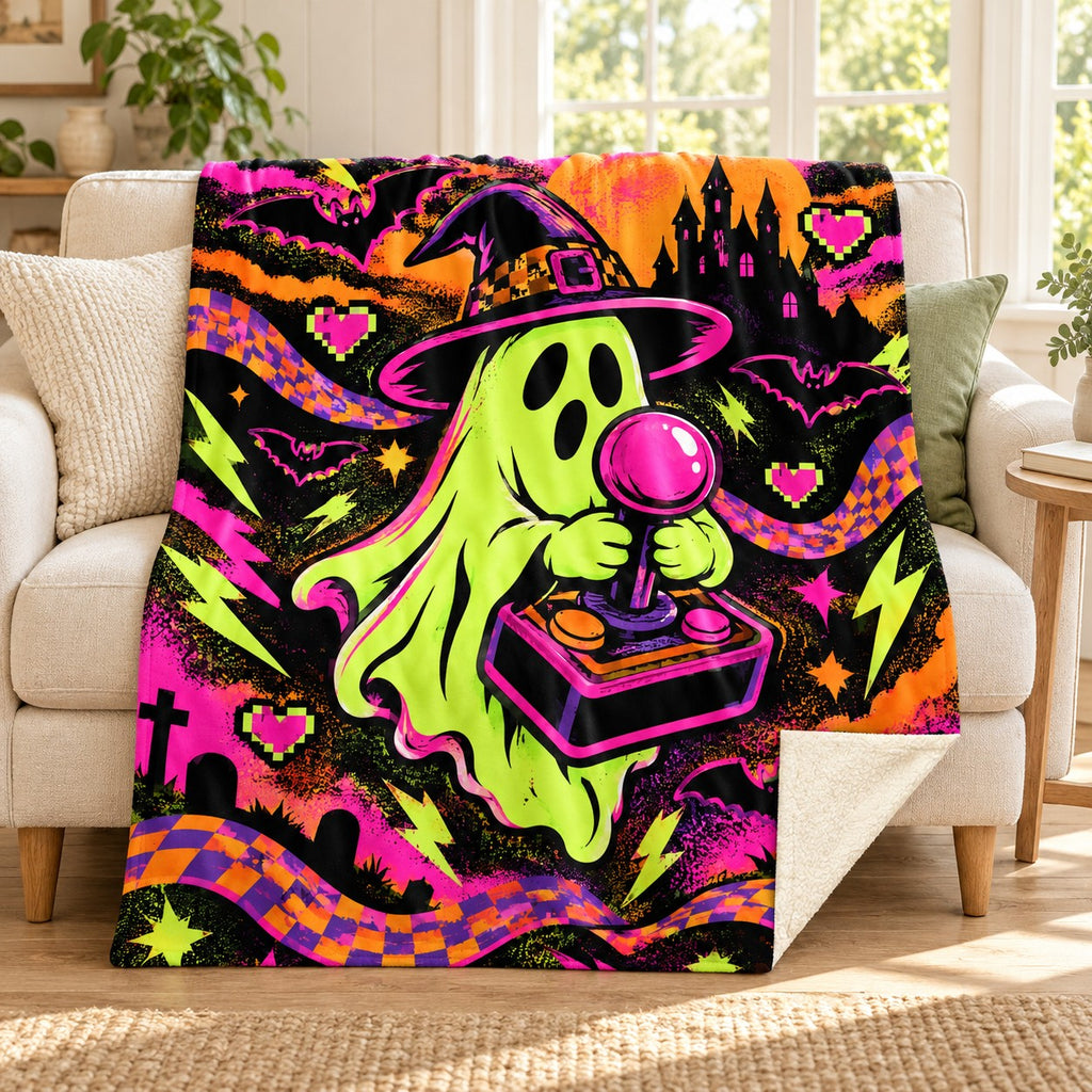 Ghost Arcade Rush blanket, on a sofa