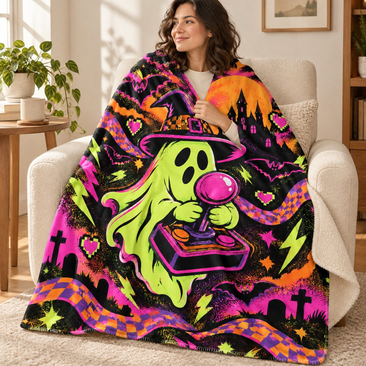 Ghost Arcade Rush blanket, wrapped around a reader