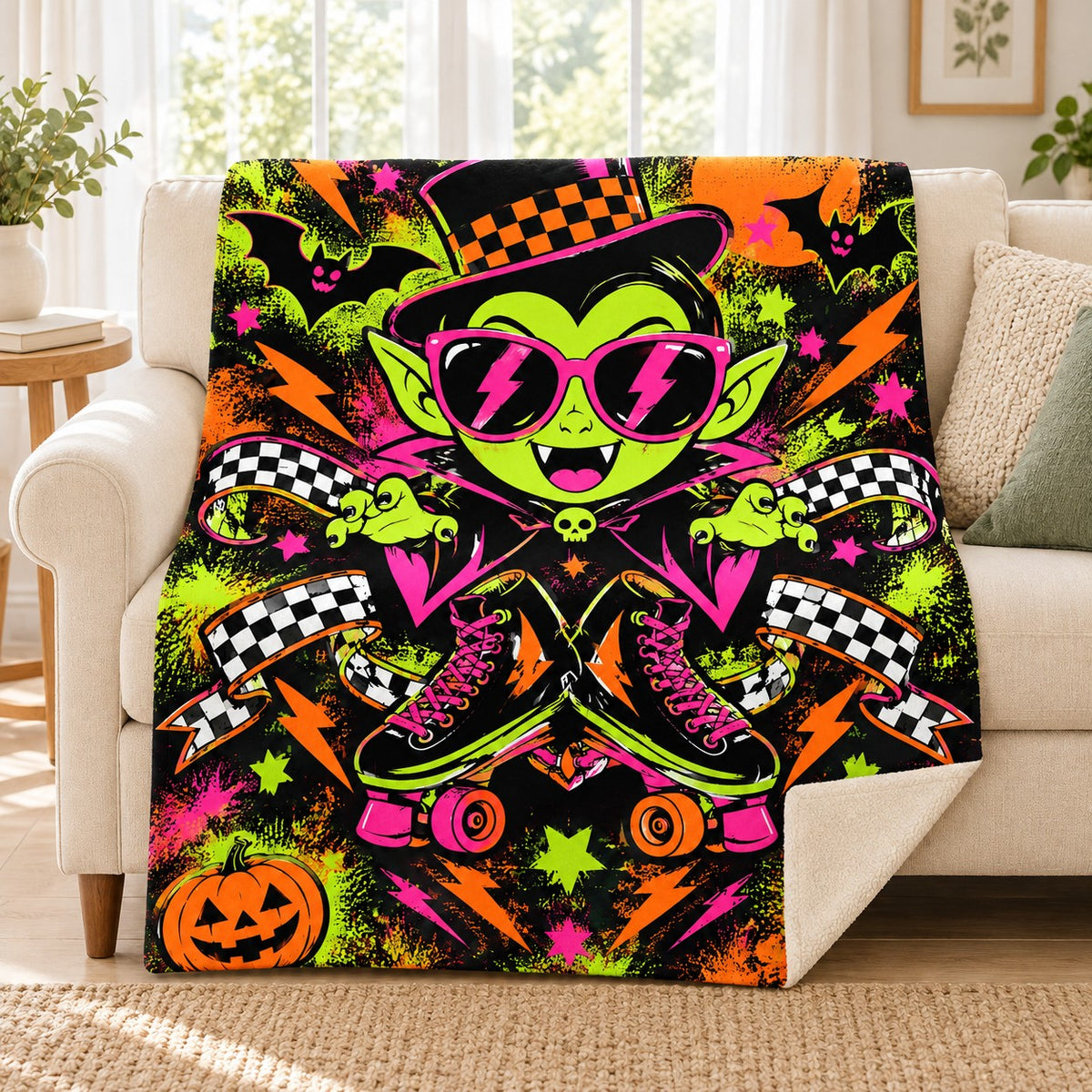 Vampire Roller Blast blanket, on a sofa