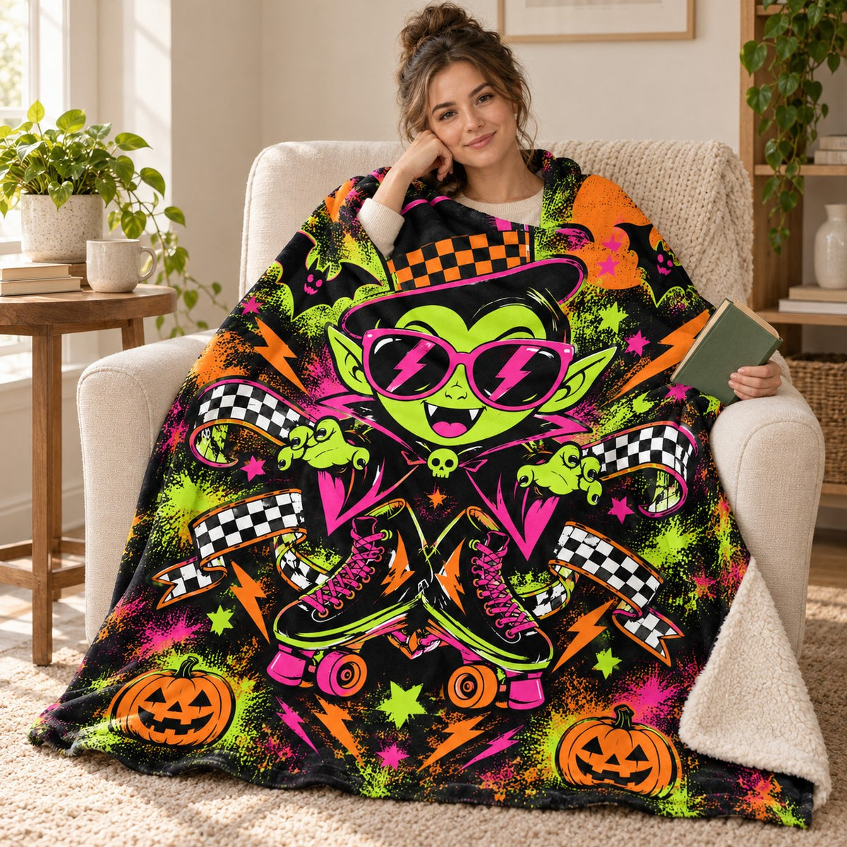 Vampire Roller Blast blanket, wrapped around a reader