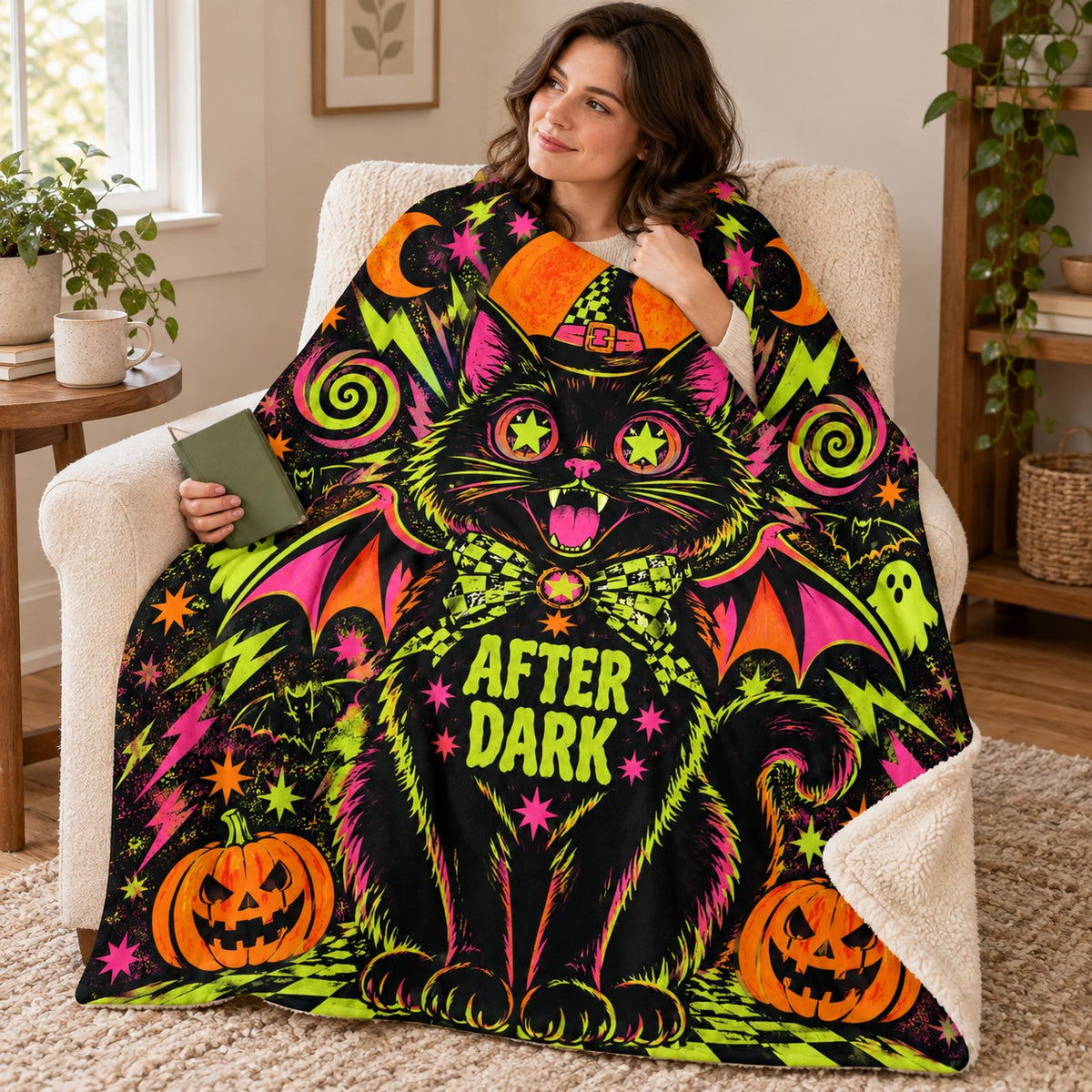 Midnight Cat Energy blanket, wrapped around a reader