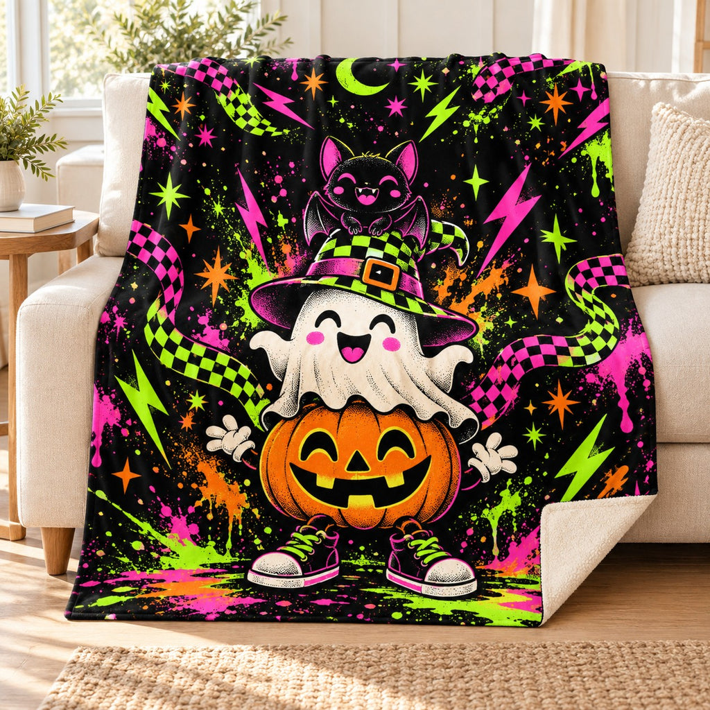 Halloween Neon Totem blanket, on a sofa